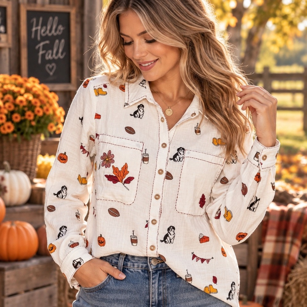 Pilcro Anthropologie Embroidered Fall Motif Cotton Gauze Button Down Shirt M